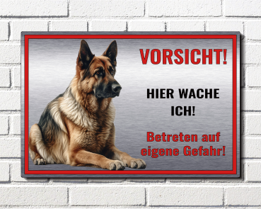 Warnschild Hund „Hier wache ich“ – Deutscher Schäferhund aus Aluverbund in Edelstahl-Optik - Hundeschild wetterfest M4