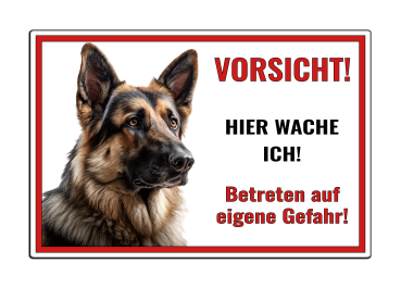Hundeschild „Hier wache ich“ – Deutscher Schäferhund Portrait – Aluminium - Verbund Weiß M3