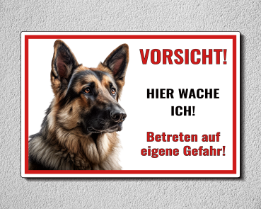Preview: Hundeschild „Hier wache ich“ – Deutscher Schäferhund Portrait – Aluminium - Verbund Weiß M3