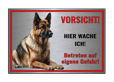 Preview: Warnschild Hund „Hier wache ich“ – Deutscher Schäferhund aus Aluverbund in Edelstahl-Optik - Hundeschild wetterfest M4
