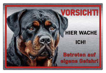 Preview: Hundeschild Rottweiler - Hier wache ich - Betreten auf eigene Gefahr - Warnschild Hund aus Aluverbund in Edelstahl Optik - M2