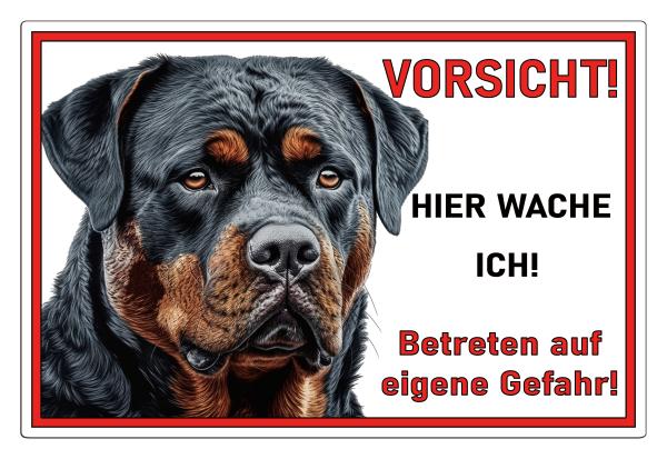Hundeschild - Warnschild „Hier wache ich" – Rottweiler aus Aluverbund Weiß M2