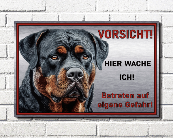 Hundeschild Rottweiler - Hier wache ich - Betreten auf eigene Gefahr - Warnschild Hund aus Aluverbund in Edelstahl Optik - M2