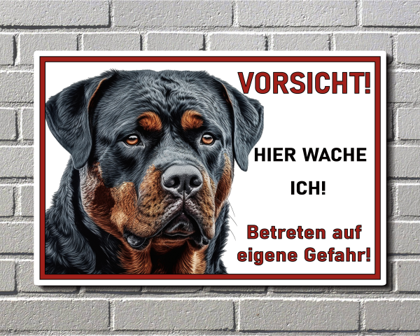 Hundeschild - Warnschild „Hier wache ich" – Rottweiler aus Aluverbund Weiß M2
